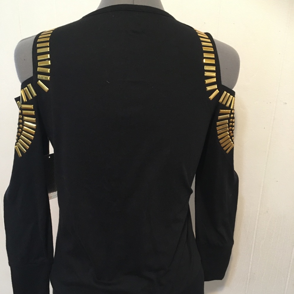 NWT hard to find CooGi black/gold design cold shoulder long sleeve top M. - Picture 3 of 9